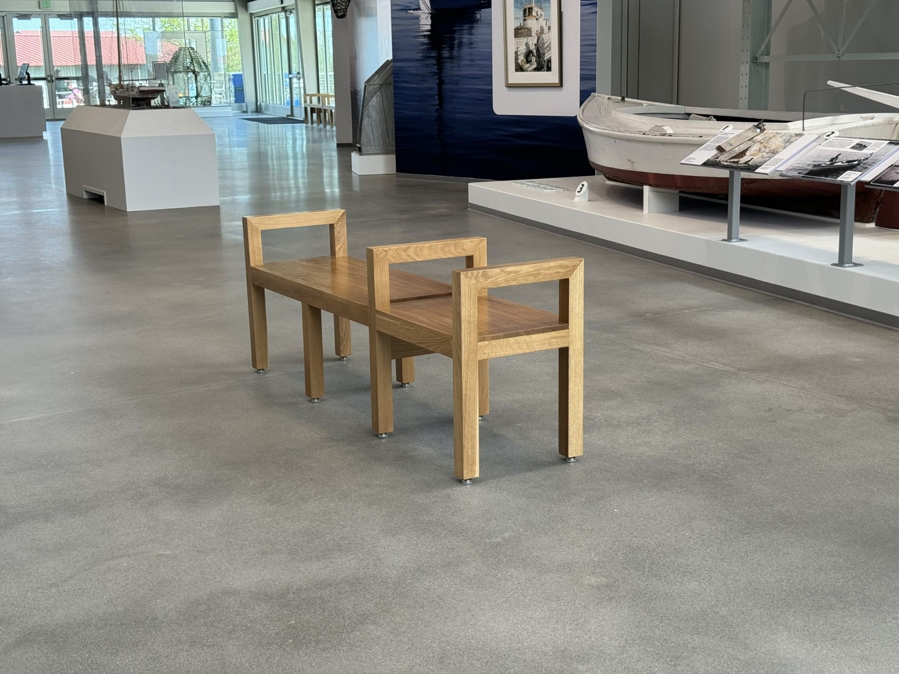 Custom white oak benches built by SMFW in the museum gallery