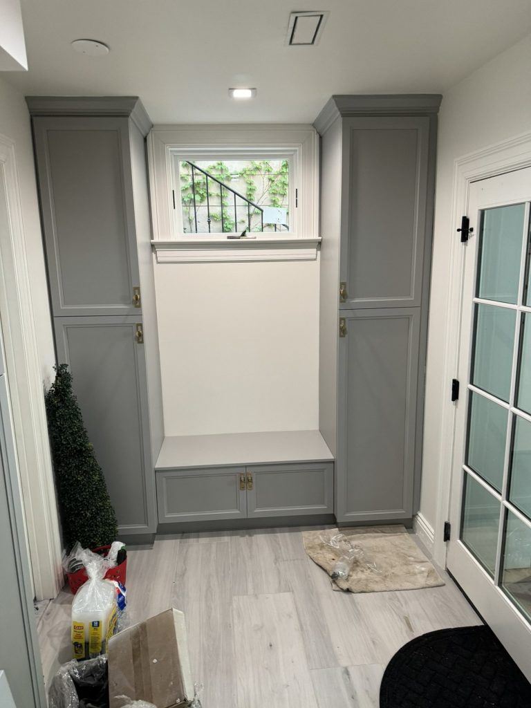Mudroom bench with lockers and cabinets built by SMFW