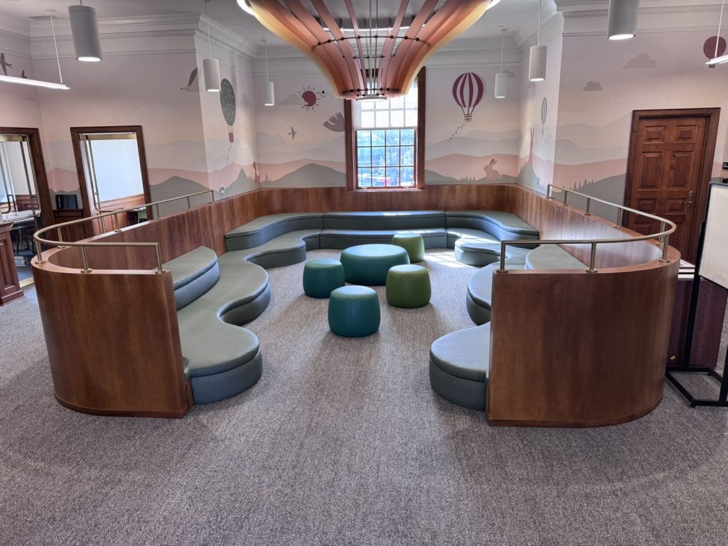 Finished custom reading center millwork at the Petworth Neighborhood Library in Washington DC, built by SMFW