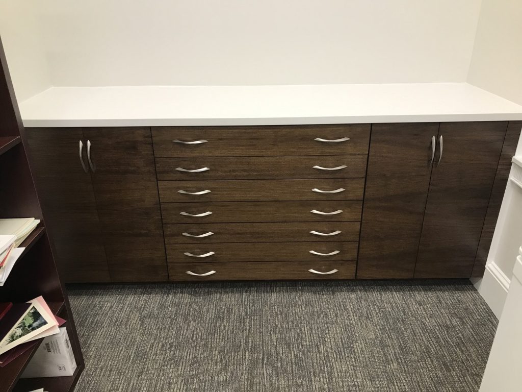 Custom storage credenza with drawer bank and solid surface top at Washington College