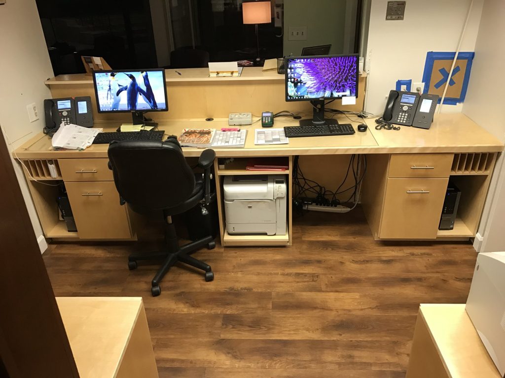 Built-in staff workstations with mail slots and equipment bays at Watergate Dental